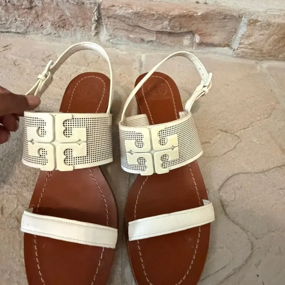 Tory Burch Lowell 2 White Leather Block Heel Sandals Size 9M Old Money Euro Chic